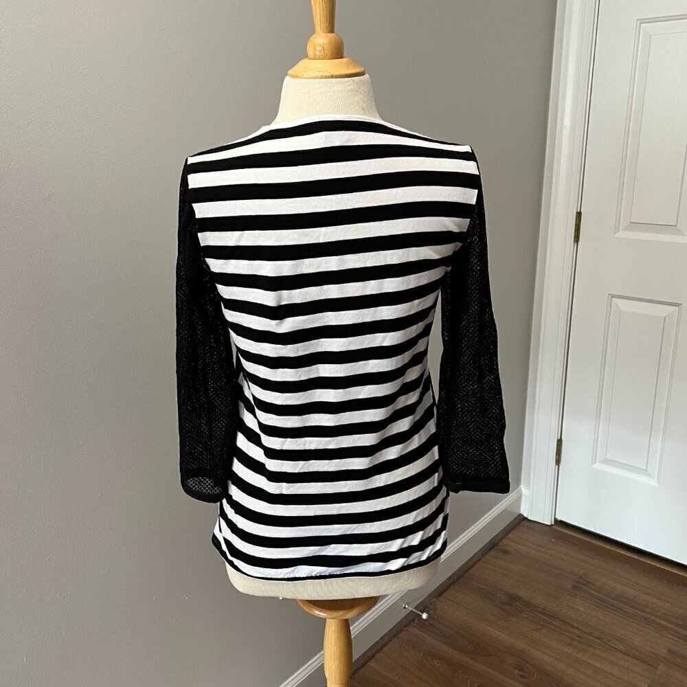 Ravel Black & White Sheer Sleeve Stripe Back Top Sz M - Picture 3 of 12